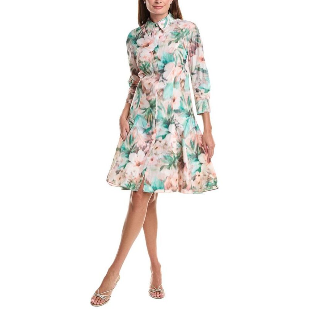 Teri Jon By Rickie Freeman Womens Taffeta Digital Print Godet Hem Shirtdress,